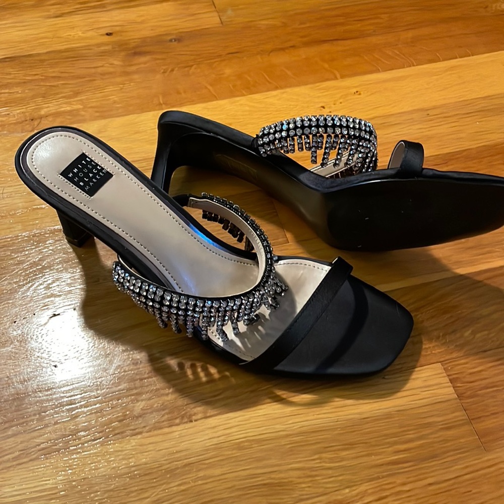 White House Black Market Gorgeous Black Mule Heels with Rhinestones